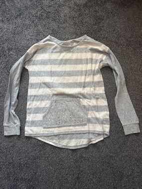 Justice Gray & Cream Striped Long-Sleeve Pullover with Studded Pocket